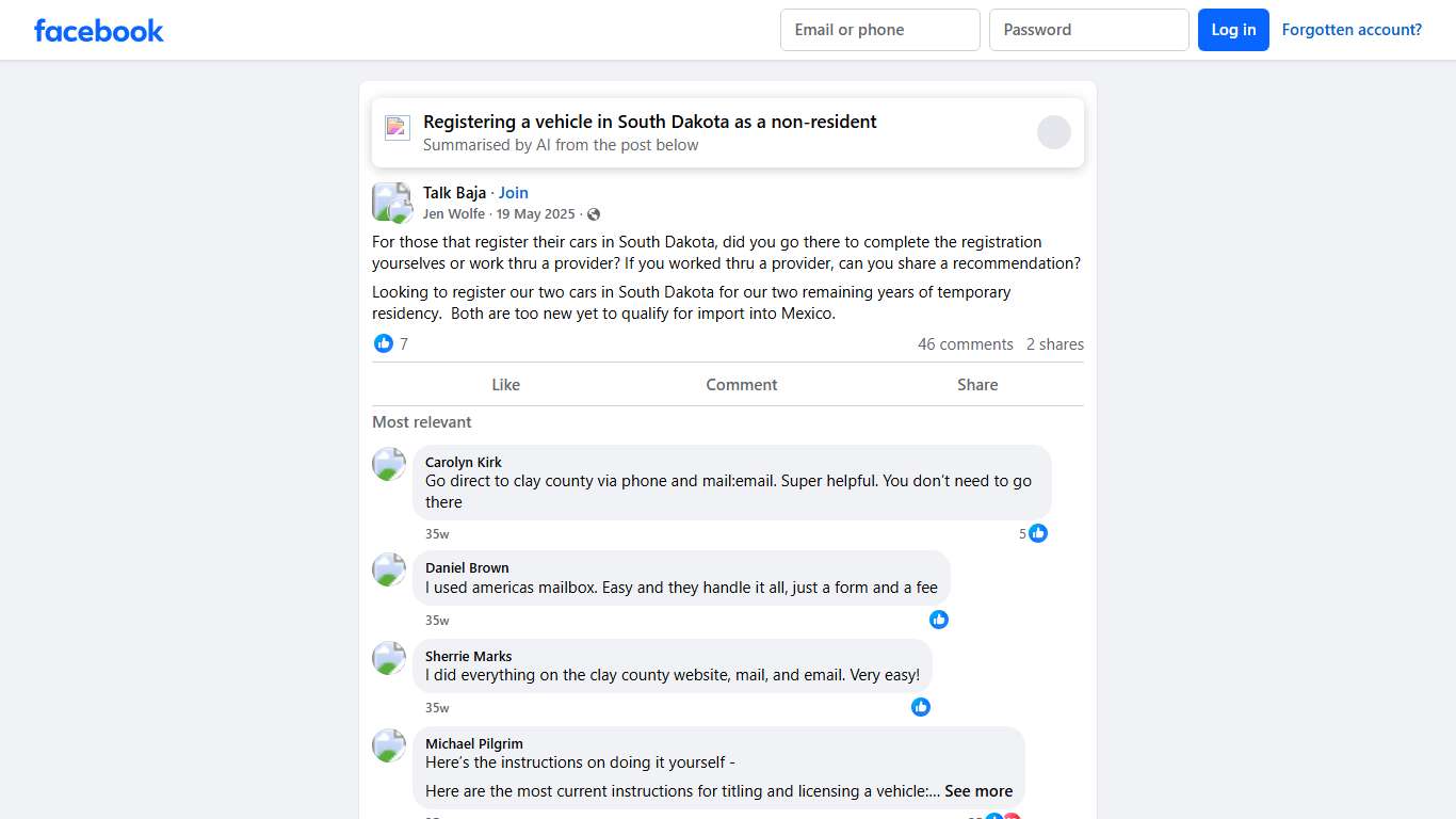 Talk Baja For those that register their cars in South Dakota, did you go there to complete the registration yourselves or work thru a provider Facebook