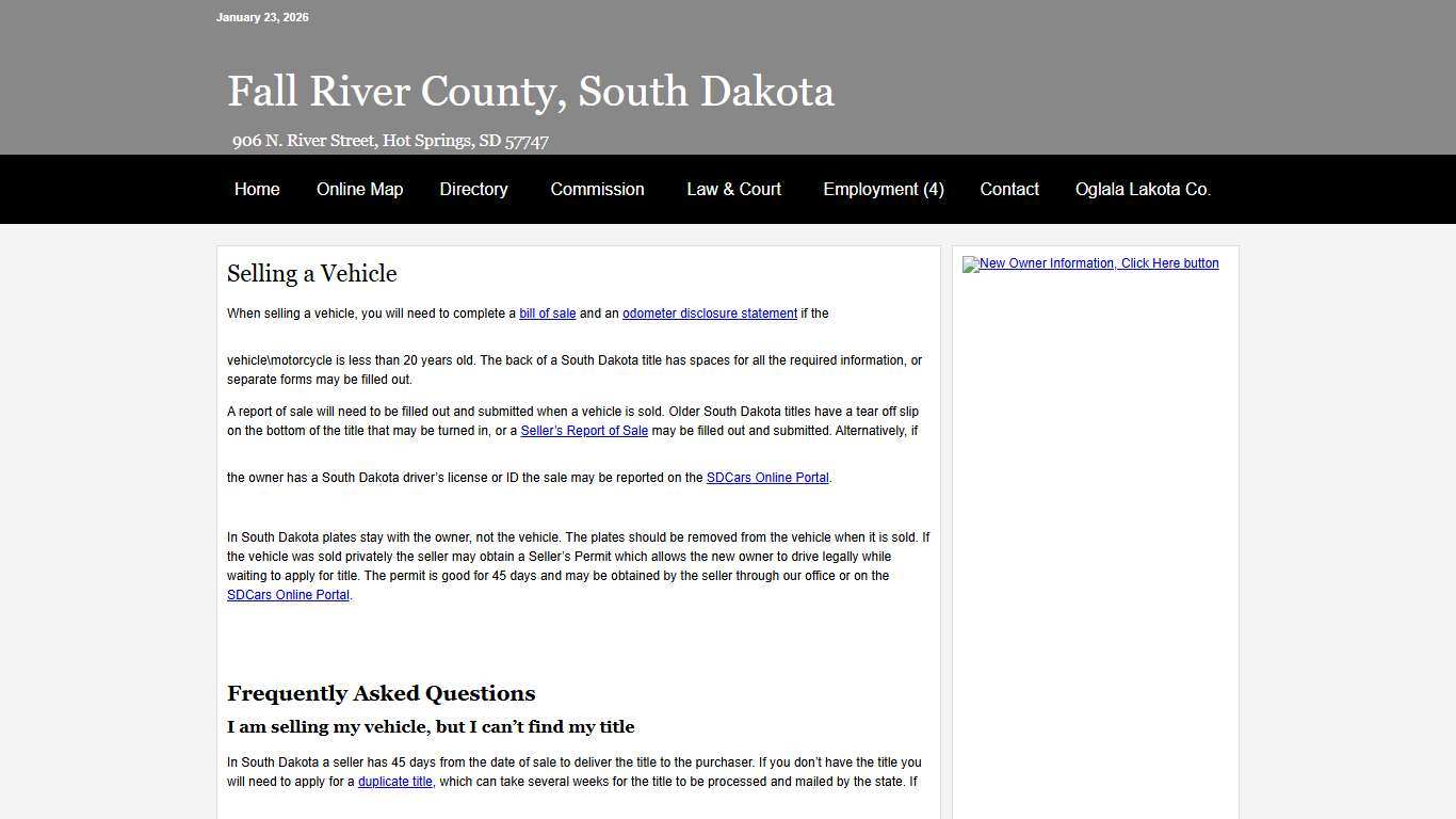 Selling a Vehicle - Fall River County, South Dakota