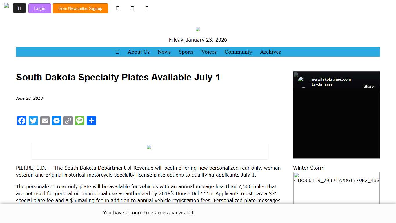 South Dakota Specialty Plates Available July 1 - Lakota Times