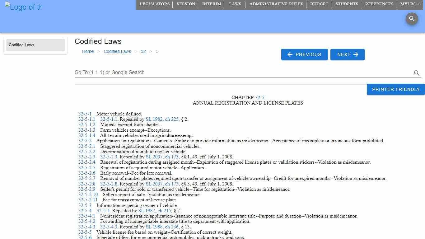 Codified Law 32-5 South Dakota Legislature