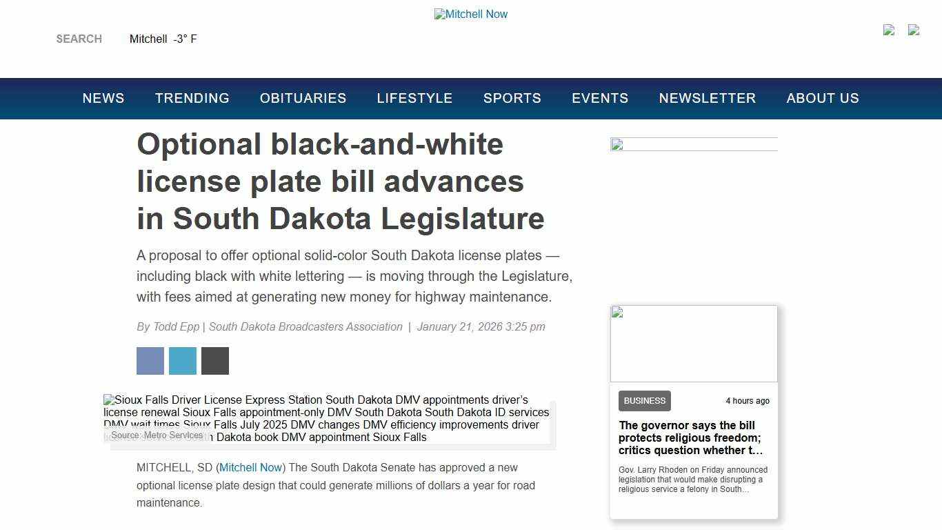 Optional black-and-white license plate bill advances in South Dakota Legislature - Mitchell Now