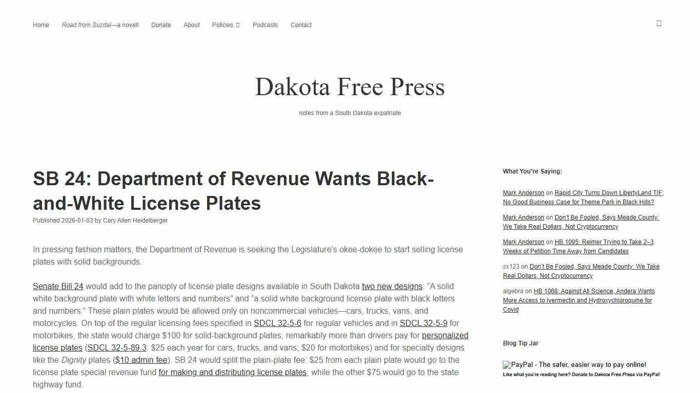 SB 24: Department of Revenue Wants Black-and-White License Plates – Dakota Free Press