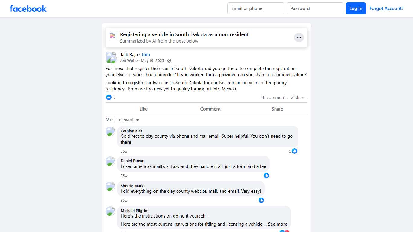 Talk Baja For those that register their cars in South Dakota, did you go there to complete the registration yourselves or work thru a provider Facebook